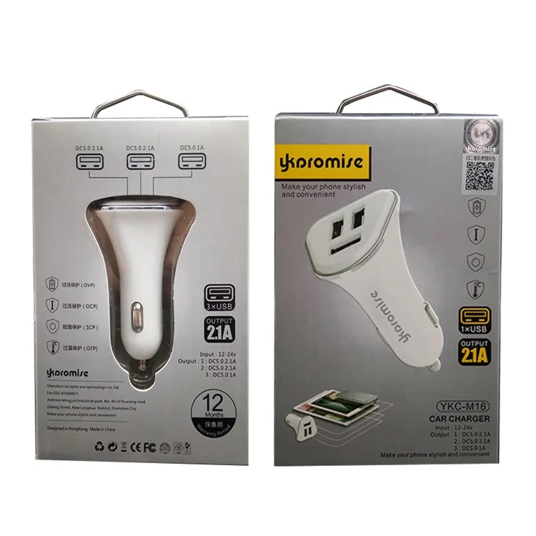 YK-M16 Quick Charge Three USB Ports Car Charger Adapter - White
