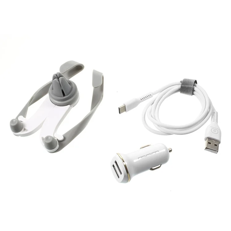 Dual USB Ports Car Charger + Car Air Vent Mount Stand + Type-C Cable Portable Set
