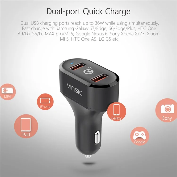 VINSIC VSCC208B Two USB Ports Quick Charge QC3.0 Car Charger for iPhone Samsung Huawei - Black