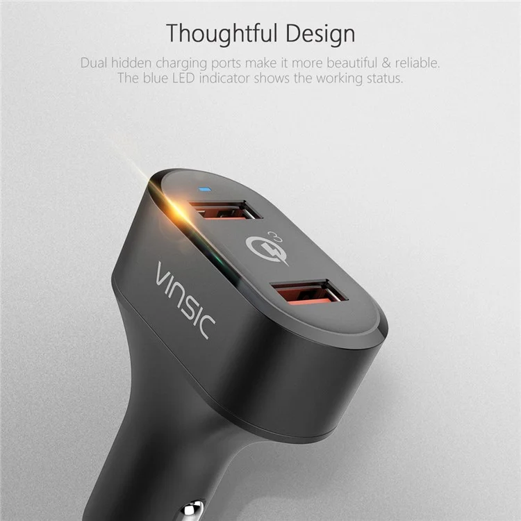 VINSIC VSCC208B Two USB Ports Quick Charge QC3.0 Car Charger for iPhone Samsung Huawei - Black