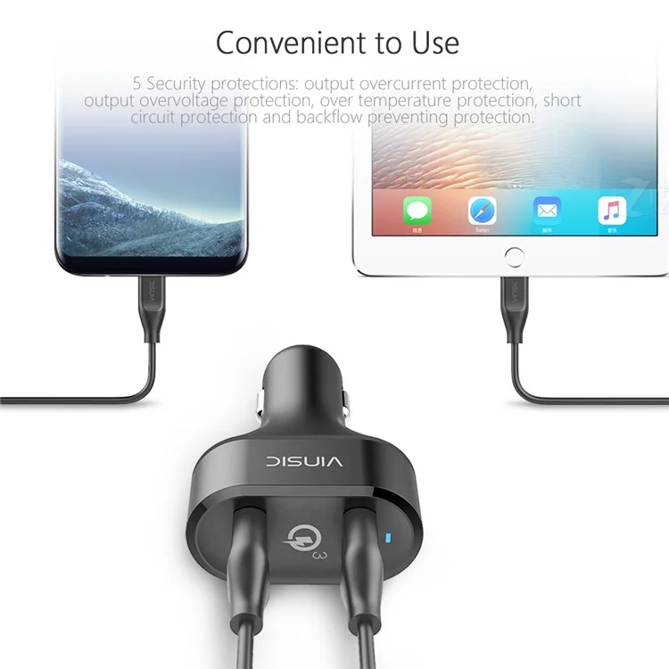 VINSIC VSCC208B Two USB Ports Quick Charge QC3.0 Car Charger for iPhone Samsung Huawei - Black