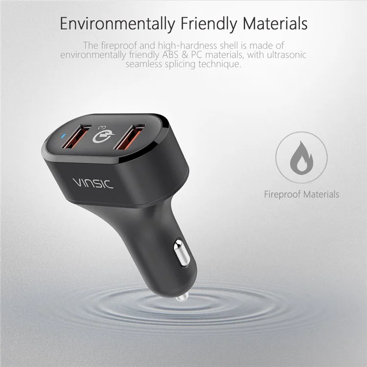 VINSIC VSCC208B Two USB Ports Quick Charge QC3.0 Car Charger for iPhone Samsung Huawei - Black
