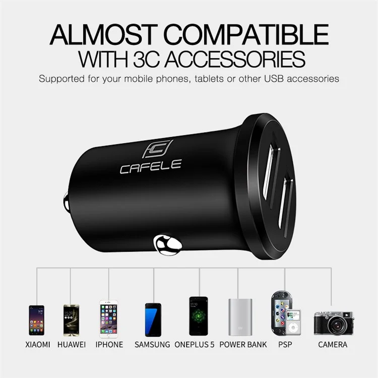 CAFELE Dual USB 4.8A 24W Mini Car Charger for iPhone iPad Samsung etc. - Black