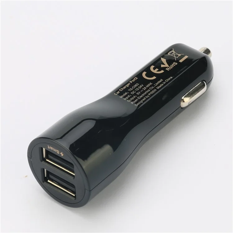 PISEN TS-C063 Dual USB Ports 2A Car Charger for iPhone iPad Samsung Smartphones - Black