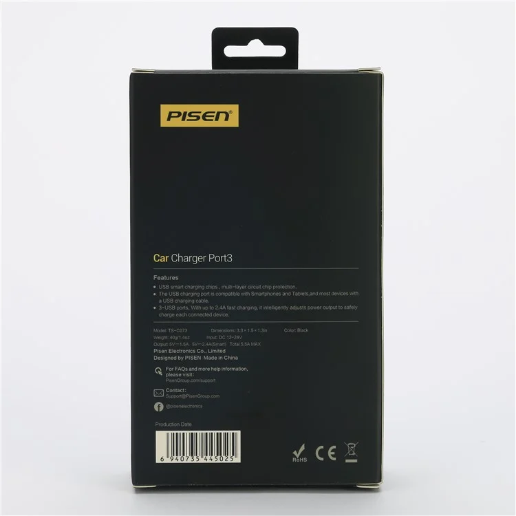PISEN TS-C073 3 USB Ports 2.4A Car Charger for iPhone iPad Samsung Smartphones Tablets - Black