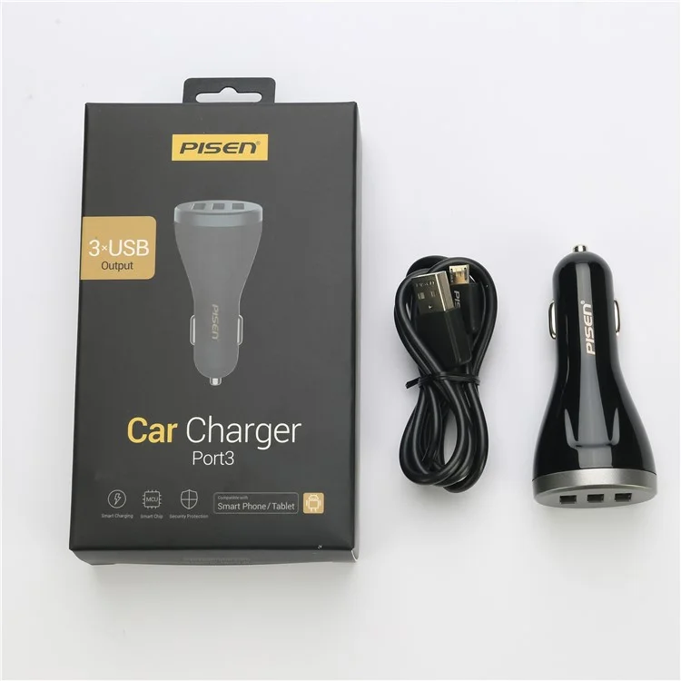 PISEN TS-C073 3 USB Ports 2.4A Car Charger for iPhone iPad Samsung Smartphones Tablets - Black