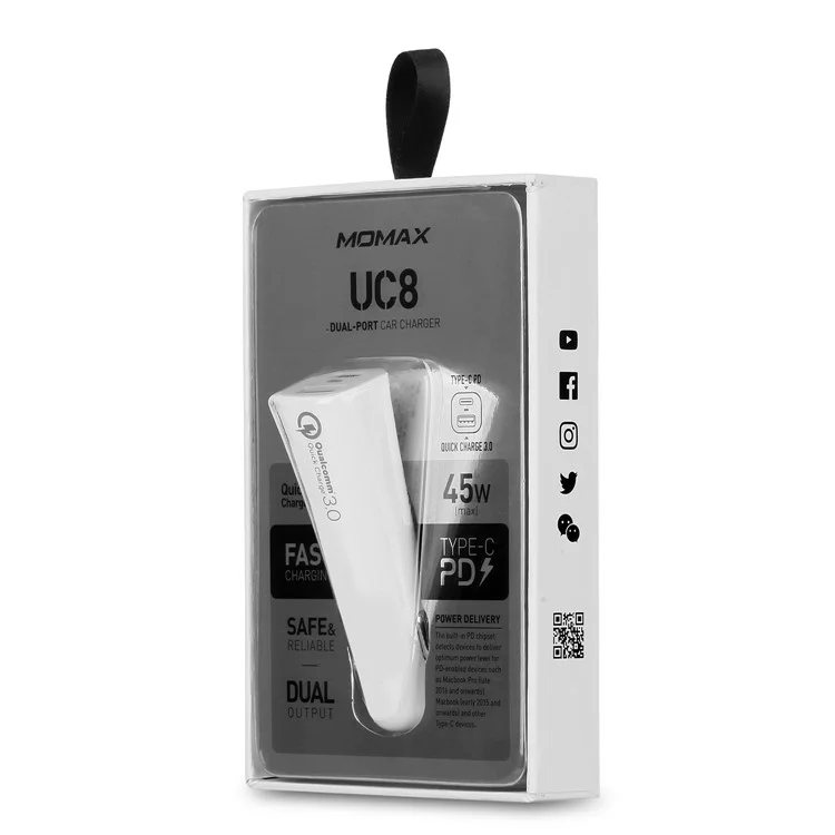 MOMAX PD QC3.0 USB + Type-C Ports Car Charger - White