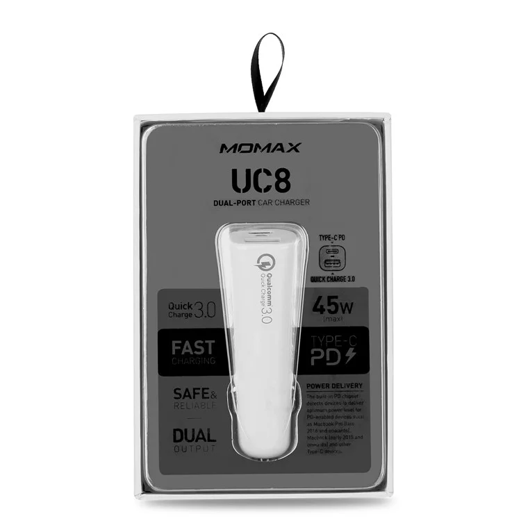 MOMAX PD QC3.0 USB + Type-C Ports Car Charger - White