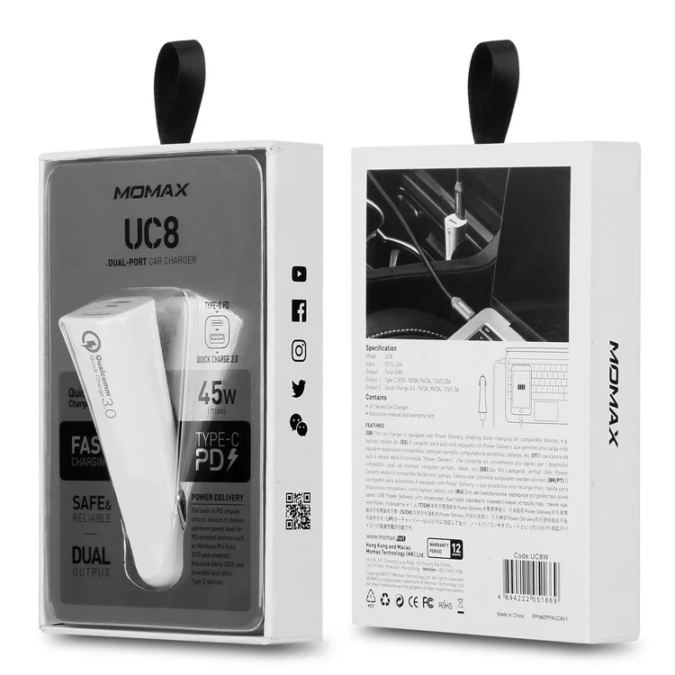 MOMAX PD QC3.0 USB + Type-C Ports Car Charger - White