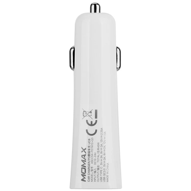 MOMAX PD QC3.0 USB + Type-C Ports Car Charger - White