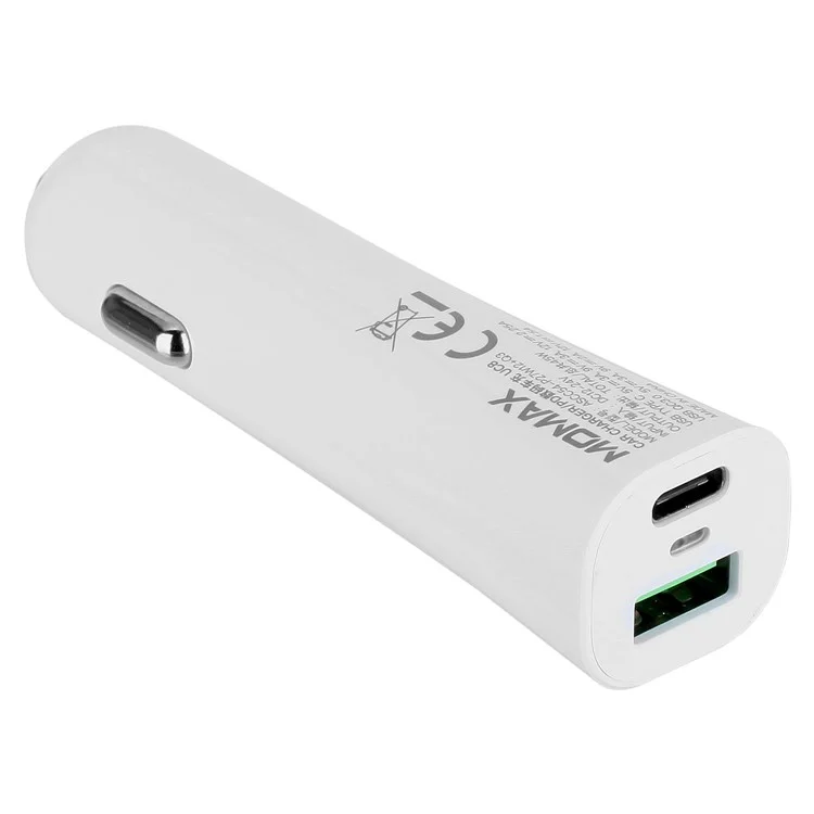 MOMAX PD QC3.0 USB + Type-C Ports Car Charger - White