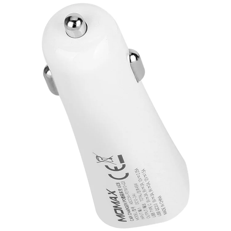 MOMAX PD QC3.0 USB + Type-C Ports Car Charger - White