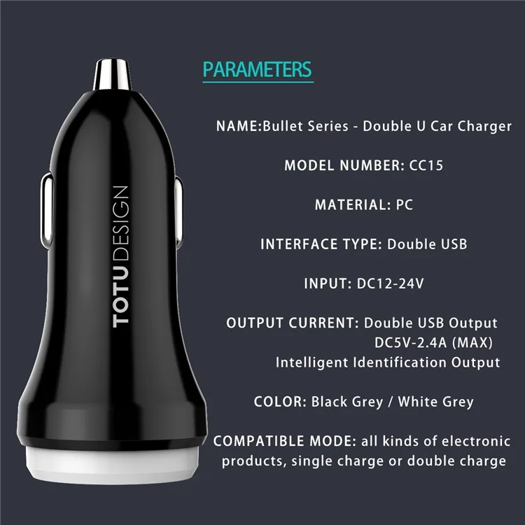 TOTU Bullet Series CC15 QC3.0 Dual USB Fast Car Charger for iPhone Samsung Huawei - Black
