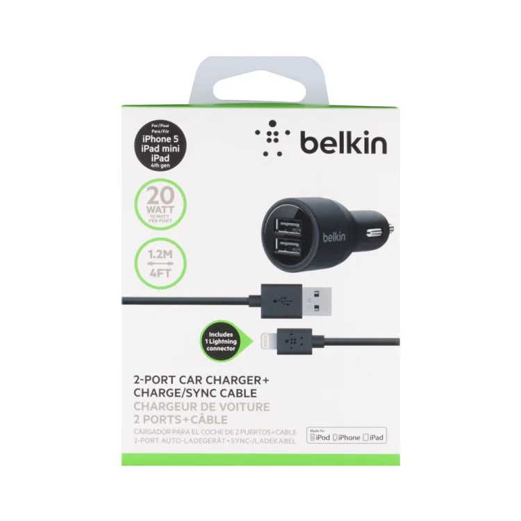BELKIN Original 2.1A Dual USB Port Car Charger + 1.2M Lightning 8Pin Cable Kit (F8J071bt04)