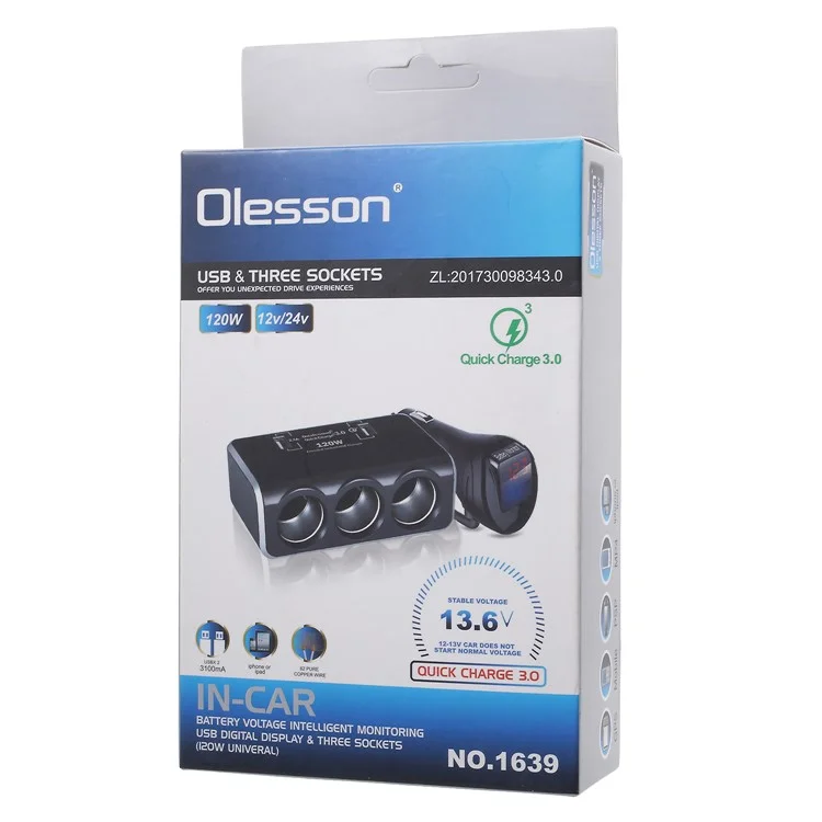 OLESSON No.1639 Universal 120W Dual USB Ports + Three Cigarette Lighter Sockets Car Power Adapter