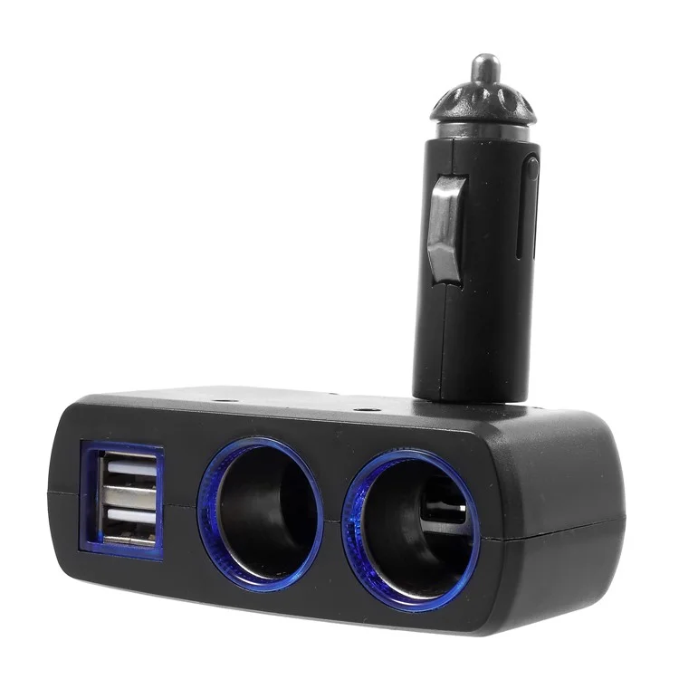 OLESSON 1630 90° Rotary Joint 120W 1 to 2 Cigarette Lighter Sockets + Dual USB Car Charger - Black