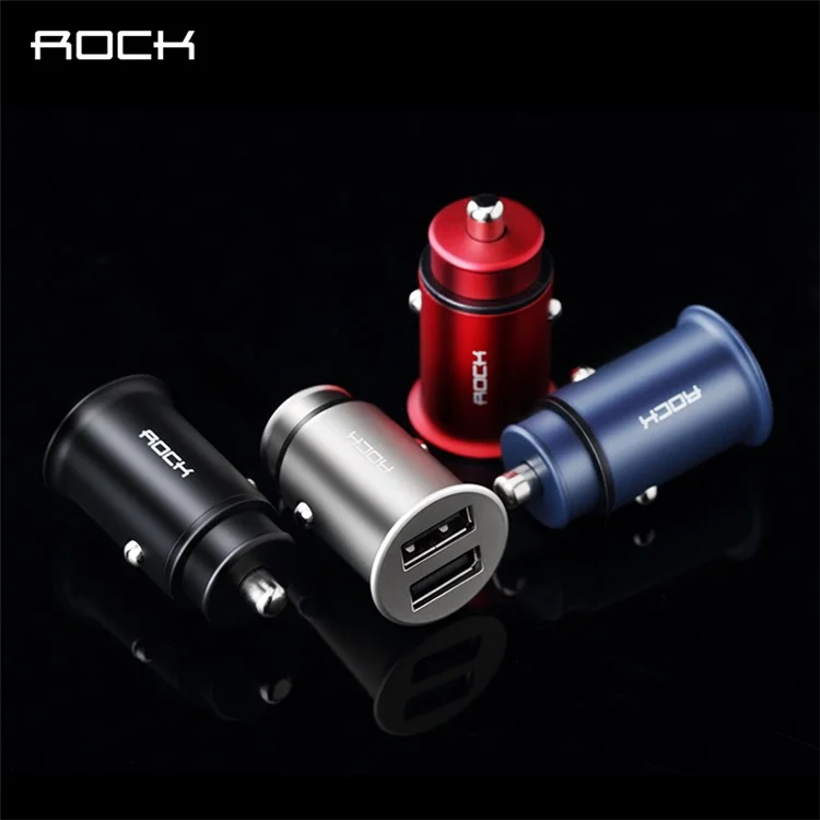 ROCK Mini Metal Zinc Alloy 5V/4.8A Double USB Car Charger for iPhone Samsung Huawei etc. - Black