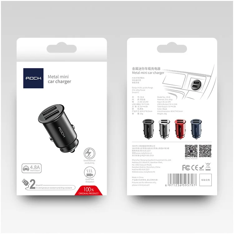 ROCK Mini Metal Zinc Alloy 5V/4.8A Double USB Car Charger for iPhone Samsung Huawei etc. - Black