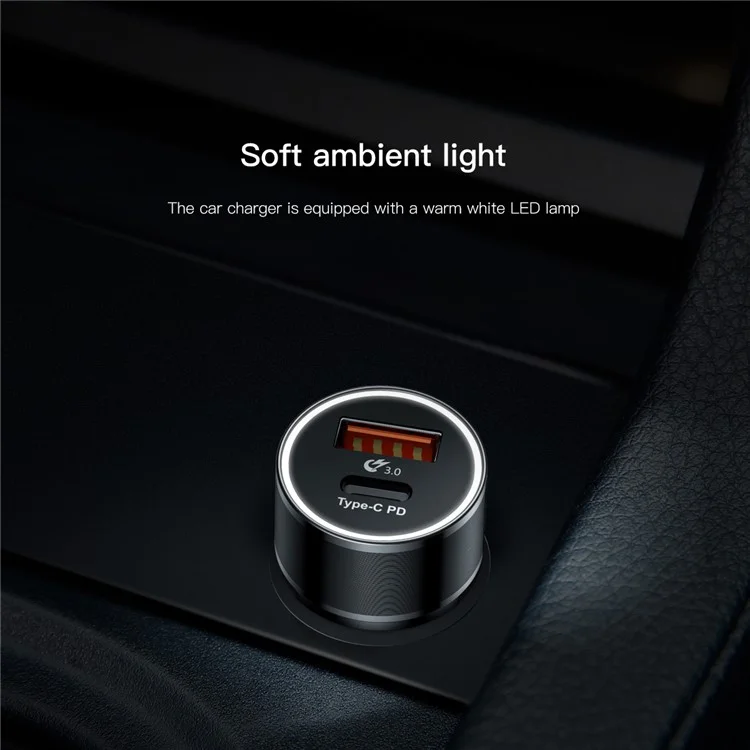 BASEUS Portable Type-C PD + QC3.0 36W Fast Car Charger for iPhone Samsung - Black
