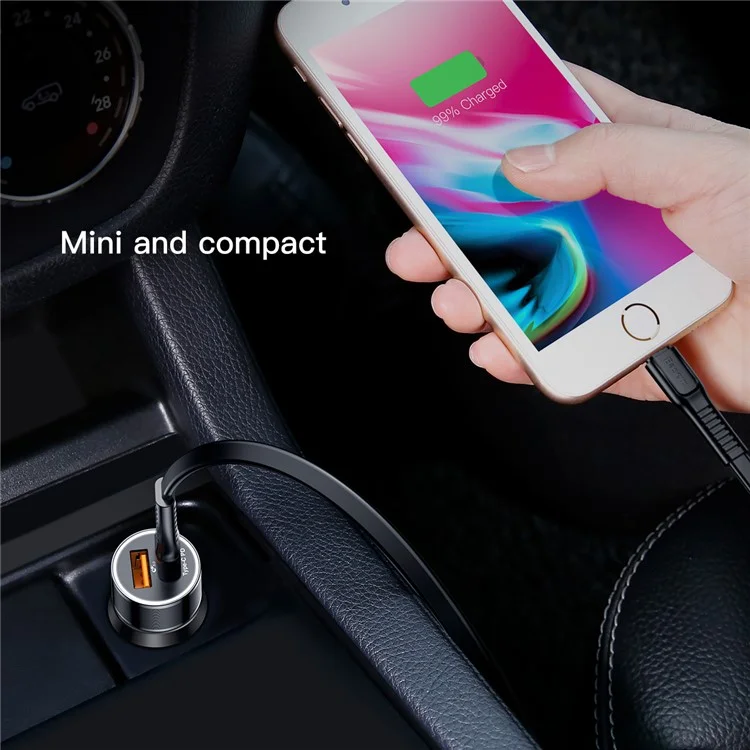 BASEUS Portable Type-C PD + QC3.0 36W Fast Car Charger for iPhone Samsung - Black