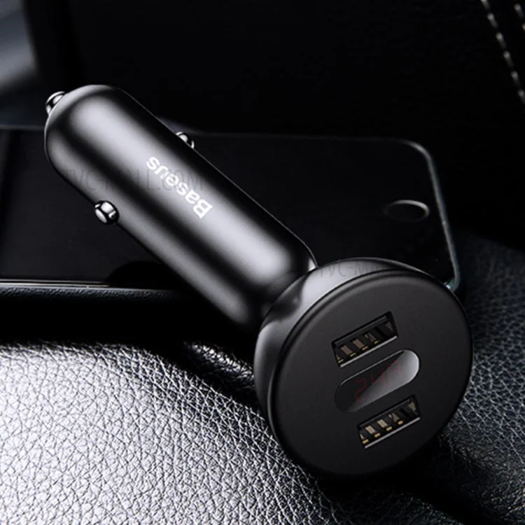 BASEUS BSC-C9X1 4.8A Dual USB Port Shake-head Digital Display Car Charger - Black