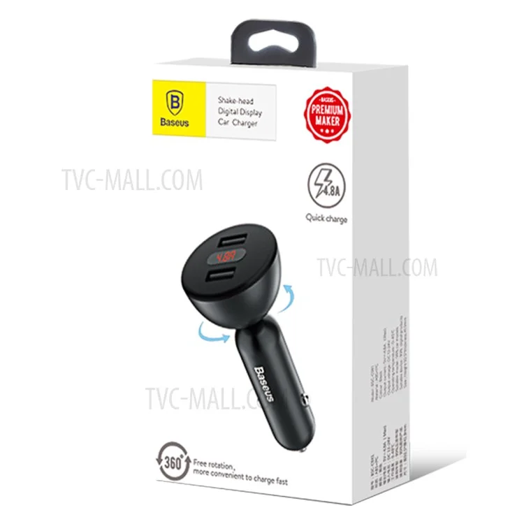 BASEUS BSC-C9X1 4.8A Dual USB Port Shake-head Digital Display Car Charger - Black