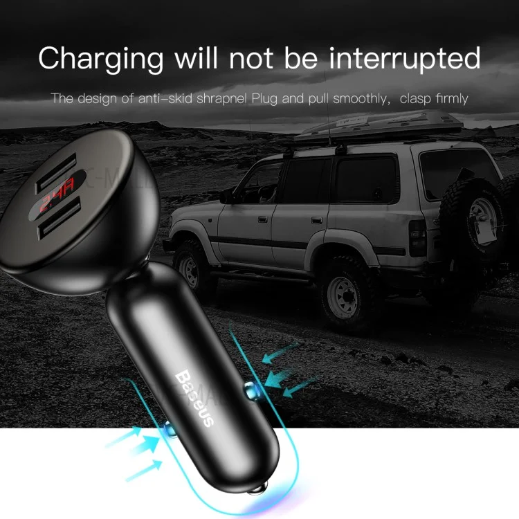 BASEUS BSC-C9X1 4.8A Dual USB Port Shake-head Digital Display Car Charger - Black