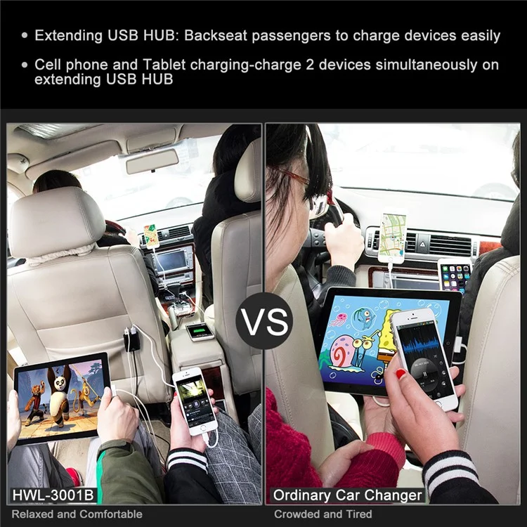 HAWEEL HWL-3001 9.6A 4 Ports USB Passenger Car Charger with Extending USB HUB 1.8m