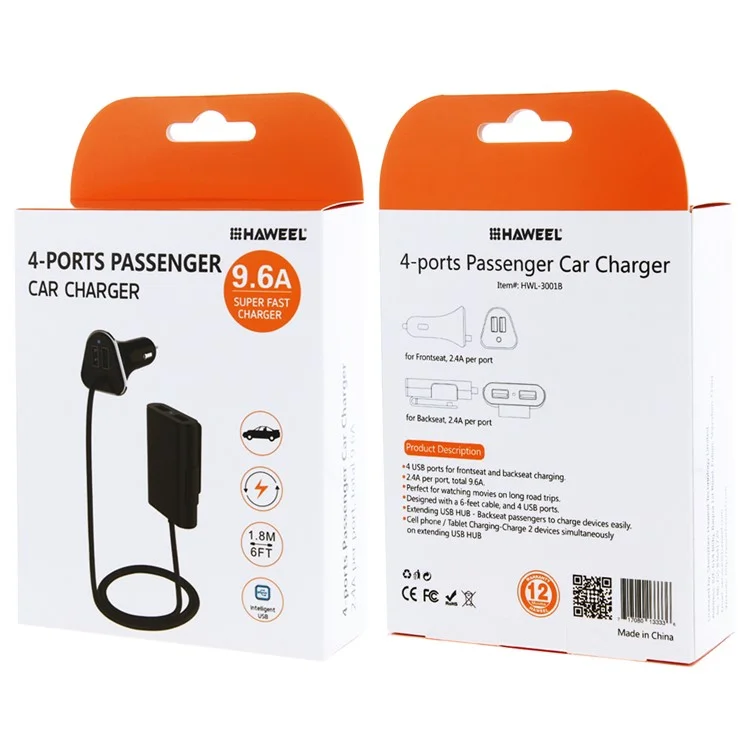 HAWEEL HWL-3001 9.6A 4 Ports USB Passenger Car Charger with Extending USB HUB 1.8m