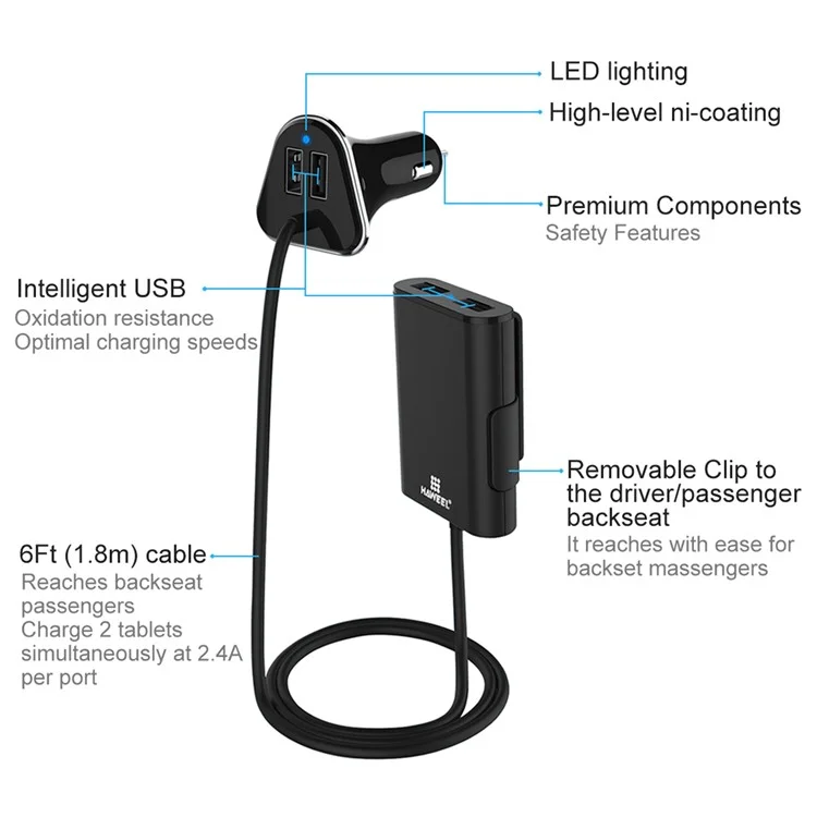 HAWEEL HWL-3001 9.6A 4 Ports USB Passenger Car Charger with Extending USB HUB 1.8m