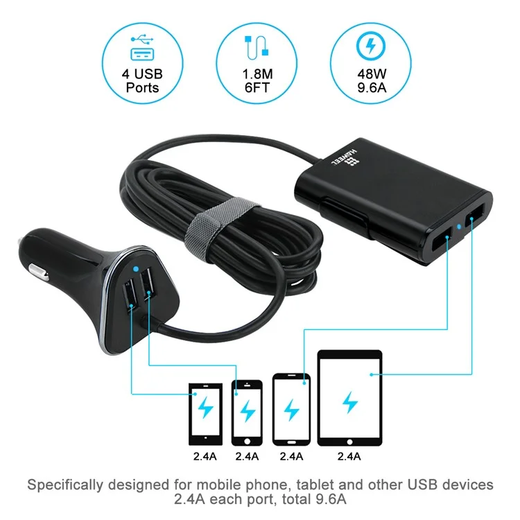 HAWEEL HWL-3001 9.6A 4 Ports USB Passenger Car Charger with Extending USB HUB 1.8m
