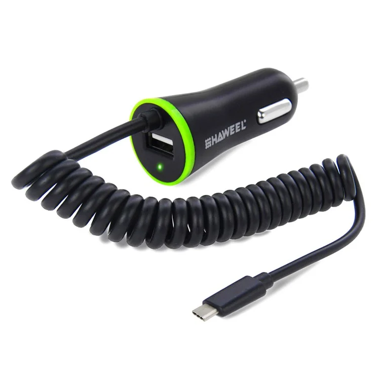 HAWEEL HWL-3312 Portable 2.1A Car Charger with USB Type C Spring Cable