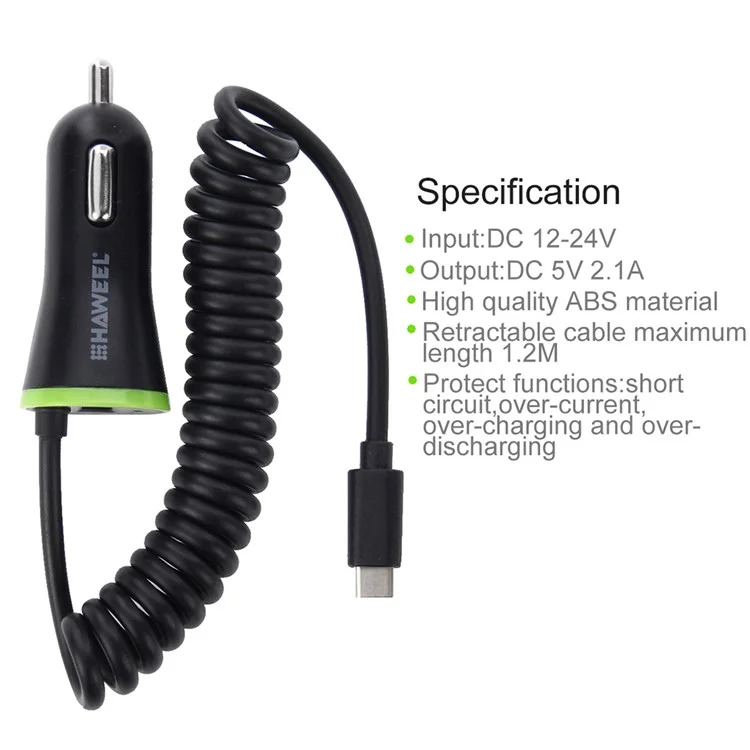 HAWEEL HWL-3312 Portable 2.1A Car Charger with USB Type C Spring Cable