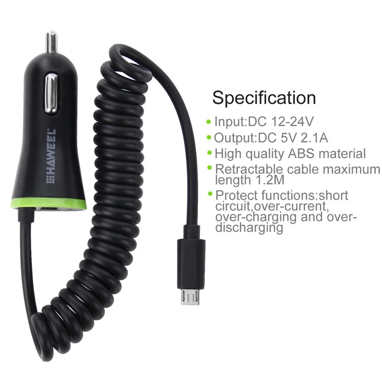 HAWEEL HWL-3310B Mini 2.1A Car Charger with Micro USB Spring Cord