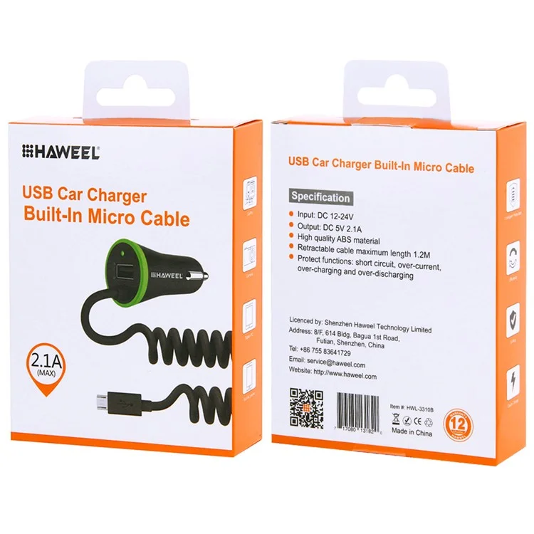 HAWEEL HWL-3310B Mini 2.1A Car Charger with Micro USB Spring Cord
