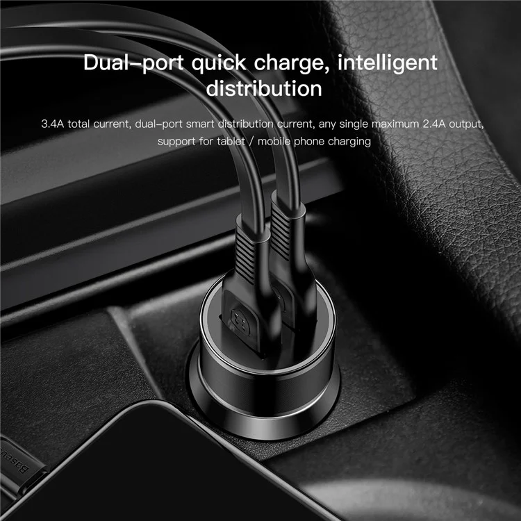 BASEUS Dual USB 3.4A Smart Fast Car Charge Charger for iPhone Samsung - Black