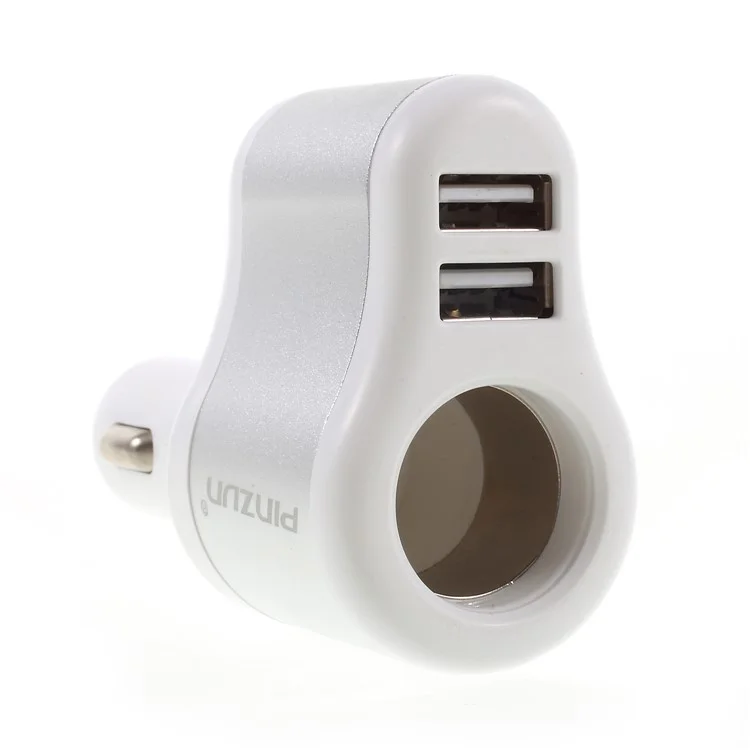 PINZUN CC-009 3.1A Fast Charge Dual USB Car Charger with Cigarette Lighter Socket - Silver
