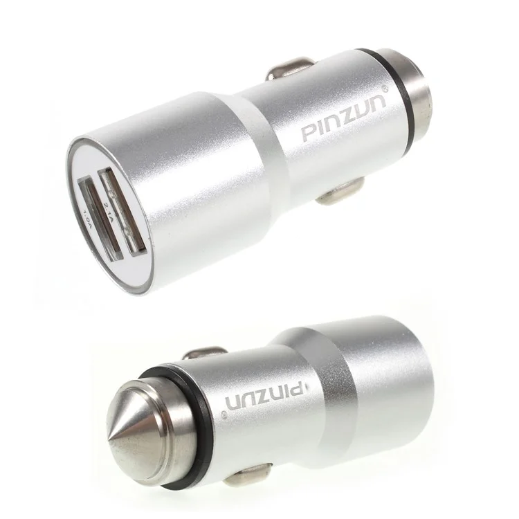 PINZUN CC-011 Dual USB Smart Car Charger with Safety Hammer - Silver