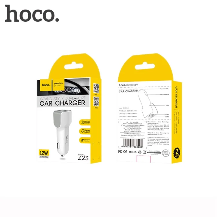 HOCO Z23 Grand Dual USB Outputs 12W Car Charger for iPhone iPad Samsung - White