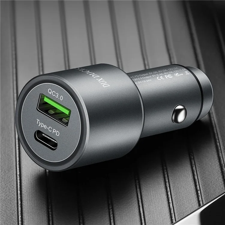 DUX DUCIS Aluminum Alloy QC 3.0 USB + PD Type-C Dual Fast Car Charger - Grey