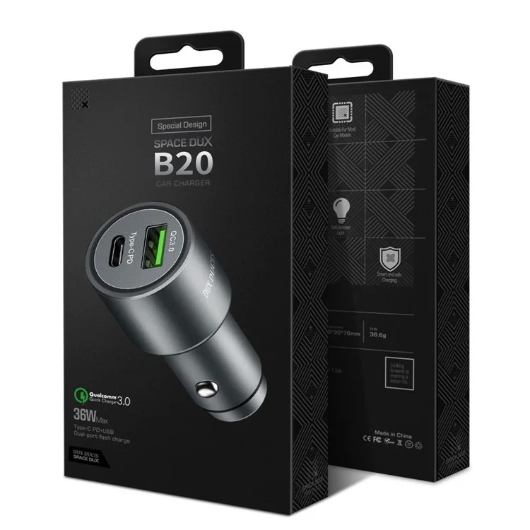 DUX DUCIS Aluminum Alloy QC 3.0 USB + PD Type-C Dual Fast Car Charger - Grey