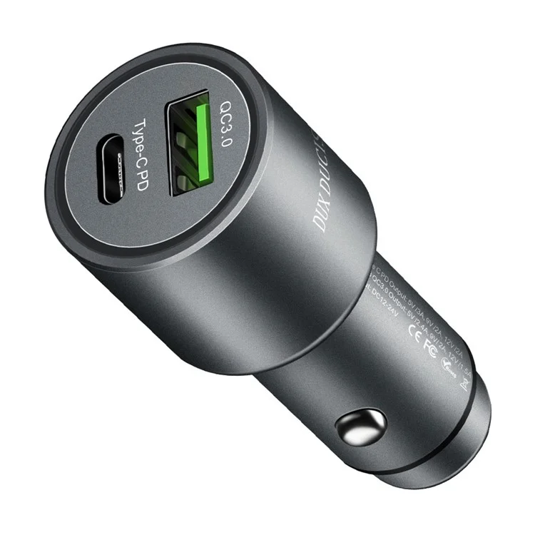 DUX DUCIS Aluminum Alloy QC 3.0 USB + PD Type-C Dual Fast Car Charger - Grey
