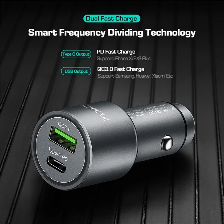 DUX DUCIS Aluminum Alloy QC 3.0 USB + PD Type-C Dual Fast Car Charger - Grey