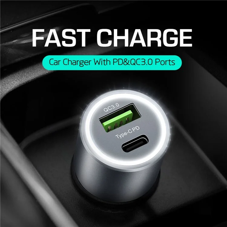 DUX DUCIS Aluminum Alloy QC 3.0 USB + PD Type-C Dual Fast Car Charger - Grey