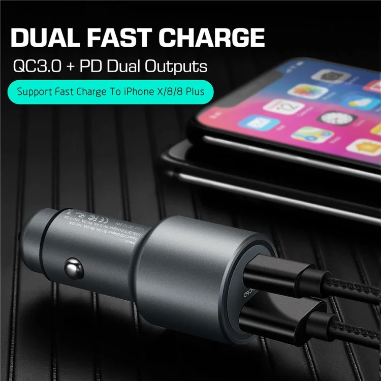 DUX DUCIS Aluminum Alloy QC 3.0 USB + PD Type-C Dual Fast Car Charger - Grey