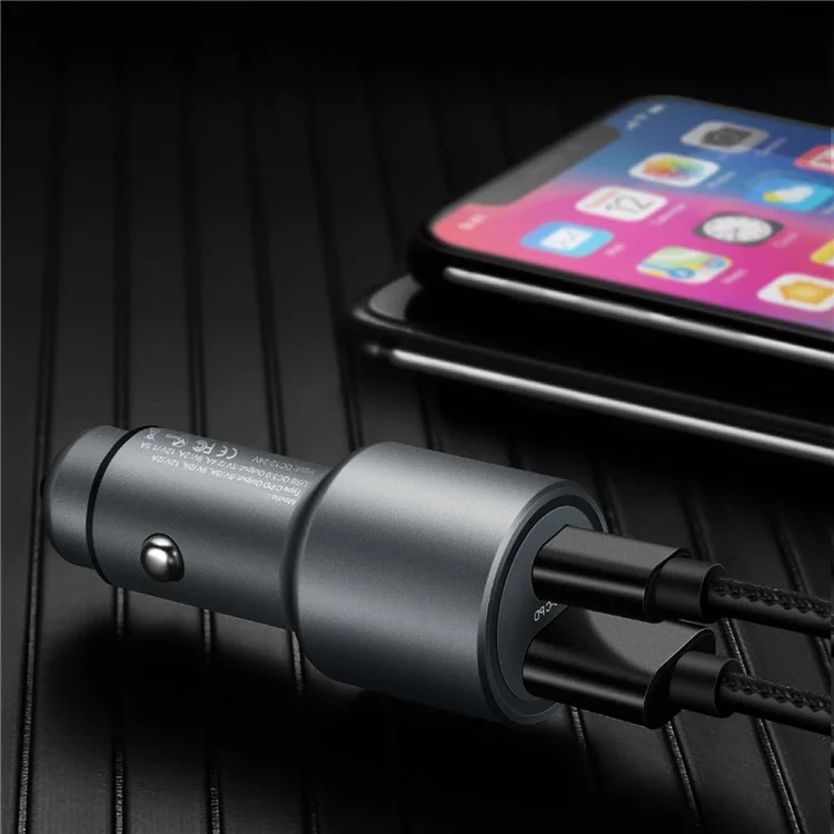 DUX DUCIS Aluminum Alloy QC 3.0 USB + PD Type-C Dual Fast Car Charger - Grey
