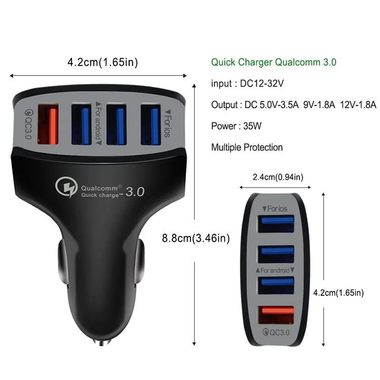 Caricabatterie da auto USB universale a 4 porte QC3.0 per telefoni cellulari per iPhone Samsung Huawei