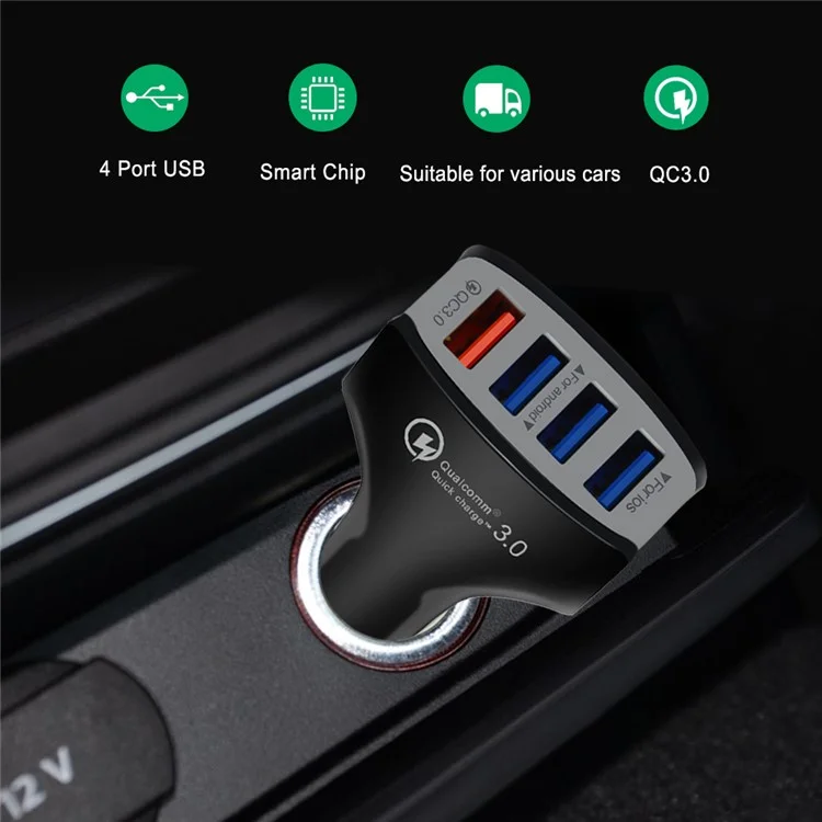 Universal 4 Ports USB QC3.0 Mobile Phone Car Charger Adapter for iPhone Samsung Huawei