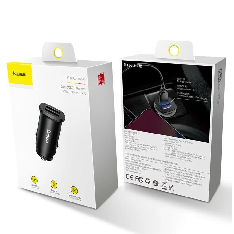BASEUS BS-C16Q 30W Dual QC3.0 Charging Outputs Fast Car Charger for iPhone Samsung - Black