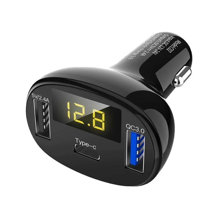 Caricabatterie Per Auto USB Type-C Dual Charge QC 3.0 Con Display LED